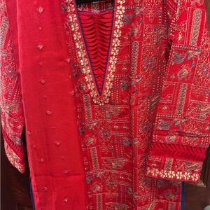 Red karandi embroidered Eid outfit Pakistani shalwar Kameez